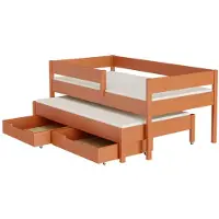 Lukdom Ausziehbett 200x90 Kinderbett mit Rausfallschutz & Lattenrost teak 90 x 200 für Mädchen und Jungen Massivholz Kiefer und MDF Möbelplatte, mit Schubladen