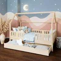 Meble Wróbel Hausbett 90x200 cm mit Schublade Rausfallschutz und Lattenrost - Einzelbett Jugendbett- Kinderbett aus Kiefer Massivholz Unlackiert - Kleinkindbett für Jungen & Mädchen - Standhöhe 20 cm