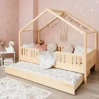 Meble Wróbel Kinderbett 80x160 cm mit Auszugbett Rausfallschutz und Lattenrost - Einzelbett Jugendbett- Hausbett aus Kiefer Massivholz Unlackiert - Kleinkindbett für Jungen & Mädchen - Standhöhe 20 cm