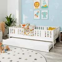 Meble Wróbel Kinderbett 90x180 cm - Jugendbett mit Auszugbett Lattenrost & Rausfallschutz - Einzelbett Kinder Bett aus Kiefer Massivholz Weiß - Kleinkindbett für Jungen & Mädchen - Standhöhe 20 cm