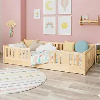 Meble Wróbel Bodenbett 80x180 cm - Montessori Kinderbett mit Lattenrost & Rausfallschutz - Jugendbett Einzelbett Kinder Bett aus Kiefer Massivholz Unlackiert - Kleinkindbett für Jungen & Mädchen
