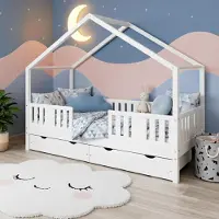 Meble Wróbel Kinderbett 80x180 cm – Bett mit 2 Schubladen Rausfallschutz & Lattenrost - Hausbett aus Kiefer Weiß - Kleinkindbett für Jungen & Mädchen - Standhöhe 20 cm