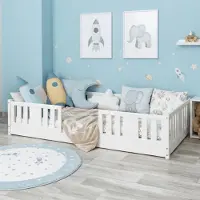 Meble Wróbel Bodenbett 90x180 cm - Montessori Kinderbett mit Lattenrost & Rausfallschutz - Jugendbett Einzelbett Kinder Bett aus Kiefer Massivholz Weiß - Kleinkindbett für Jungen & Mädchen