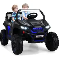Goplus 12V Kinder Elektroauto, 2-Sitzer Kinderfahrzeug mit 2,4 GHz Fernbedienung, Scheinwerfer, Musik, Coolen Lichteffekten & Aufbewahrungstasche, für 3-8 Jahre (Schwarz)