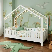 Meble Wróbel Kinderbett 80x160 cm – Bett mit Rausfallschutz & Lattenrost - Hausbett aus Kiefer Weiß - Kleinkindbett für Jungen & Mädchen - Standhöhe 10 cm