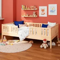 Meble Wróbel Kinderbett 80x190 cm - Jugendbett mit Lattenrost & Rausfallschutz - Einzelbett Kinder Bett aus Kiefer Massivholz Unlackiert - Kleinkindbett für Jungen & Mädchen - Standhöhe 20 cm