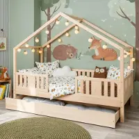 Meble Wróbel Kinderbett 80x180 cm – Bett mit Schublade Rausfallschutz & Lattenrost - Hausbett aus Kiefer Unlackiert - Kleinkindbett für Jungen & Mädchen - Standhöhe 20 cm