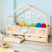 Meble Wróbel Kinderbett 80x160 cm – Bett mit 2 Schubladen Rausfallschutz & Lattenrost - Hausbett aus Kiefer Unlackiert - Kleinkindbett für Jungen & Mädchen - Standhöhe 20 cm