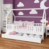 Meble Wróbel Hausbett 80x180 cm mit Schublade Rausfallschutz und Lattenrost - Einzelbett Jugendbett- Kinderbett aus Kiefer Massivholz Weiß - Kleinkindbett für Jungen & Mädchen - Standhöhe 20 cm