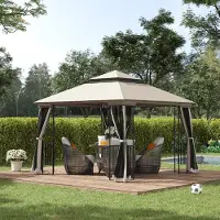 SUGIFT Pavillon 3x3 m Doppeldach Netz-Seitenwände, Gartenpavillon Partyzelt Festzelt, Metall, Beige | 299x299x274 cm | 4 Seitenwände | Eckregale