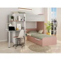 Vente-unique Eck-Hochbett - 2 x 90 x 190 cm - mit Schreibtisch - Grau, Weiß & Rosa - SAMUEL
