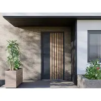 Vente-unique Eingangstür, massiv, aus Stahl, Höhe 207 cm, Breite 100 cm – Schwarz mit Holzoptik-Streifen – links öffnend – COBRITA