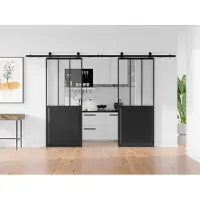 Vente-unique Industrielle Doppelschiebetür mit Laufschiene - Schwarz und gehärtetes Glas - 2 x H 205 x B 83 cm - ARTISTO II