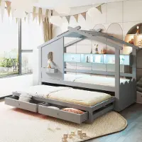 STILVORA Kinderbett 90x200 cm mit Ausziehbett 90x190 cm und Haus-Design, Multifunktionsbett mit 2 Schubladen und Einlegeböden, Jugendbett mit USB/Type-C-Ladeanschlüssen und LED,mit Matratze,Grau