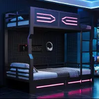 OKWISH Kinderbett 90x200 mit zwei Matratze Funktionsbett mit USB- und Typ-C-Ladeanschlüssen Hausbett mit LED Beleuchtung und 2 Schubladen Holzbett Bettgestell mit Ausziehbett Weiß
