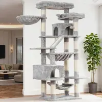 Markenlos Kratzbaum, 180 cm Hoher Katzenturm für Wohnungskatzen mit 2 Plattformen, 2 Großen Schlafhäusern, 2 Hängematten, Korb und Kratzbrett, Großes Katzenmöbel mit Schlafplatz, Hellgrau HCT034W