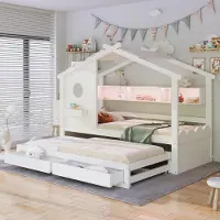 STILVORA Kinderbett 90x200 cm mit Ausziehbett 90x190 cm und Haus-Design, Multifunktionsbett mit 2 Schubladen und Einlegeböden, Jugendbett mit USB/Type-C-Ladeanschlüssen und LED,mit zwei Matratze,Weiß