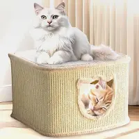 Markenlos Premium Katzenhaus – Katzenkorb für Katze – mit dicken Sisal Wänden an der Katzenbox – Höhle mit weichem Plüsch und Spielball – Katzenkiste im skandinavischen Look (Beige)