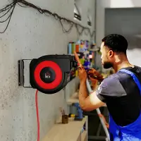 SUGIFT automatischer Einzug, Druckluft-Schlauchtrommel Wandmontage, Luftschlauchtrommel Kunststoff, Schwarz+Rot | 180° schwenkbar | 10 bar | 16,5 m Schlauch