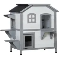 PawHut Katzenhaus aus Holz, Outdoor Katzenhütte mit Treppe, 2-Etagen, Kleintierhaus für Katzen bis 4,5 kg, Weiß, 99,5 x 76 x 91 cm