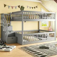MODFU Etagenbett Holzbett 140x200 Doppelbett mit Schubladen und Schiebetüren Kinderbett mit Sicherheitsgeländer für Kinder und Jugendliche mit zwei Matratze Grau