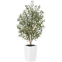 Unyqoos Künstlicher Olivenbaum 150 cm für Innen & Außen – Echtholzstamm, 1098 Blätter, 51 Oliven, verstellbare Zweige, weißer Topf, UV-beständig