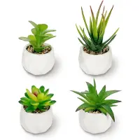 Unyqoos 4er-Set Mini-Kunstpflanzen aus PE & EVA in weißen diamantförmigen Keramiktöpfen – Sukkulenten-Deko 8–13 cm, Töpfe 8×6 cm, für Fensterbank, Bad, Wohnzimmer