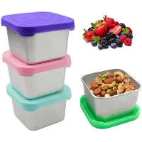 Unyqoos Set mit 4 kompakten wiederverwendbaren Snack- und Soßenbehältern, 180 ml, Edelstahl mit Silikon-Deckel, 6×6×5 cm, stapelbar, mint/rosa/grün/lila