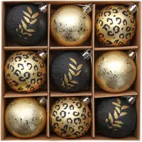 Unyqoos 9‑teiliges Set unzerbrechlicher Weihnachtskugeln – Schwarz & Gold, Kunststoff, verschiedene Oberflächen (glänzend, matt, glitzernd, gemustert), mit vorgebundenem Aufhänger