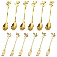 Unyqoos 12-teiliges Dessertbesteck, goldfarbenes Set aus rostfreiem Edelstahl mit blattförmigem Design – inkl. Mini-Löffel & kleine Kuchengabeln