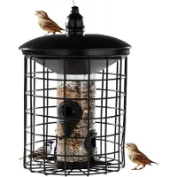 Unyqoos Robustes Vogelfutterhaus mit Schutzkäfig, Metall, Schwarz, 58 cm – Futterstation für kleine Vögel, 4 Öffnungen, abnehmbares Dach