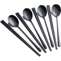 Unyqoos 4‑teiliges koreanisches Essstäbchen- und Löffel-Set, schwarz, 304 Edelstahl – wiederverwendbar für Dinner, Sushi & Hotpot