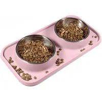 Unyqoos Katzen-Futternapf-Set, rosa – auslaufsichere & rutschfeste Futtermatte mit erhöhtem Stand (0,51 cm), 354 ml Edelstahlnapf, wasserfestes Gestell
