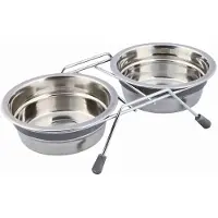 Unyqoos Doppel-Futternapf-Set, 2x Edelstahlnapf 0,45 l in verchromter Metallhalterung – geräuscharm mit Silikonringen & rutschfesten Füßen, spülmaschinenfest, für Hunde & Katzen
