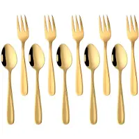 Unyqoos Elegantes 10-teiliges Espresso- & Dessertbesteck, Gold, 13,5 cm, lebensmittelechter Edelstahl mit PVD-Goldbeschichtung, ergonomisch