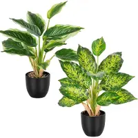 Unyqoos 2er-Set künstliche Pflanzen 37 cm aus Kunststoff – 14 realistische Blätter, pflegeleicht, biegbare Stiele, schwarzer Topf