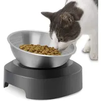 Unyqoos Erhöhter Katzenfutternapf 15° schräg aus 304 Edelstahl – rutschfeste Silikonbasis, spülmaschinenfest, ergonomisch (ca. 1 cm Höhe)