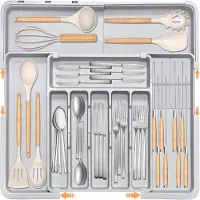 Unyqoos Verstellbarer & erweiterbarer Bestecklade-Organizer mit entnehmbaren Messerblock-Einsätzen, Antirutsch-Ecken, Kunststoff, 33–56 cm, bis 9 Fächer