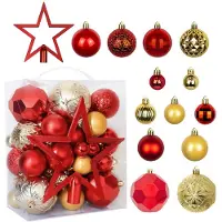 Unyqoos 50‑tlg. Set unzerbrechliche Weihnachtskugeln aus Kunststoff, rot & gold – Ø 3–8 cm, inkl. 20 cm Sternspitze, mit Aufhängschnüren