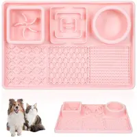 Unyqoos Anti-Rutsch Slow-Feeder Futtermatte & Leckmatte aus lebensmittelechtem Silikon mit Trinkschale und Mehrfach-Fächern – Rosa