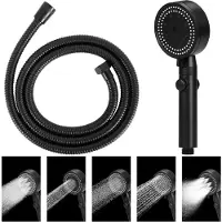 Unyqoos Wassersparende Handbrause mit 5 Strahlarten, Stoppknopf & 2 m Edelstahlschlauch mit Messinganschlüssen, matt schwarz, verchromtes ABS