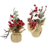 Unyqoos Set 2 winterliche Blumenarrangements mit Beeren & Elandgeweih im Jute-Topf — künstliche Tischdekoration für Wohnzimmer und Festtage