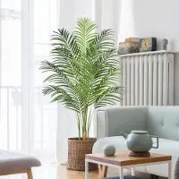 Unyqoos Kunstpalme 150 cm – lebensgroß, Polyester, 13 Stämme, 362 federartige Blätter, schwarzer Topf, echte Baumrinde, UV-beständig, für Innen & Außen