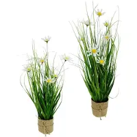 Unyqoos naturgetreuer Kunstgrasstrauch mit Margeriten im stilvollen Jute-Topf – pflegeleichte Kunstpflanze zur Deko für Wohnzimmer, Küche & Flur