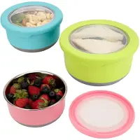 Unyqoos 3‑teiliges Edelstahl-Vorratsdosen-Set mit Silikon-Deckeln, 420/730/1200 ml, rosa/blau/grün, lebensmittelecht, -20–+120 °C, spülmaschinen- & gefrierfest