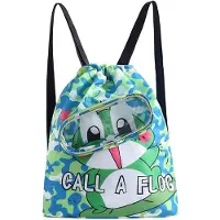 Unyqoos Wasserdichte Schwimmtasche für Kinder – Cartoon mit grünem Froschkönig, Kordelrucksack, separates Schuhfach, wasserfeste PVC-Innentasche, Oxford, faltbar