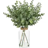 Unyqoos Künstliche Eukalyptuszweige in Glasvase – Deko‑Pflanze 35 cm (Vase 16 cm), Seidenblätter & Kunststoffstiele, pflegeleicht für Wohnbereich und Büro
