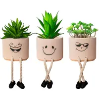 Unyqoos 3er-Set dekorative Mini-Kunstpflanzen – pflegeleichte Deko für Innen & Außen, weiße Keramik-Töpfe mit Smiley, Kunststoff, inkl. Schaumstoff
