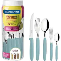 Unyqoos IPANEMA Besteckset 30‑teilig, Edelstahl hellblau – 6× Gabeln, Tafelmesser, Löffel, Kuchengabeln, Tee-/Kaffeelöffel, spülmaschinenfest