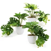 Unyqoos Monstera Kunstpflanzen 3er-Set, je ca. 20 cm, weiße Kunststofftöpfe 8 cm, umweltfreundlicher Kunststoff, für Innen & Außen